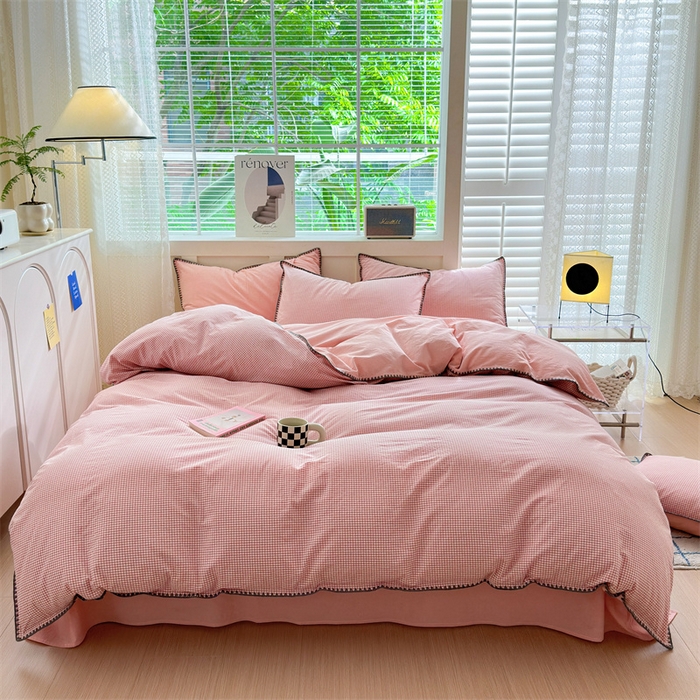 91家纺网 家纺一手货源 找家纺 宜家坊 2024新款A类全棉色织水洗棉贝壳边绣三角针工艺四件套可定制 遇见-蜜粉