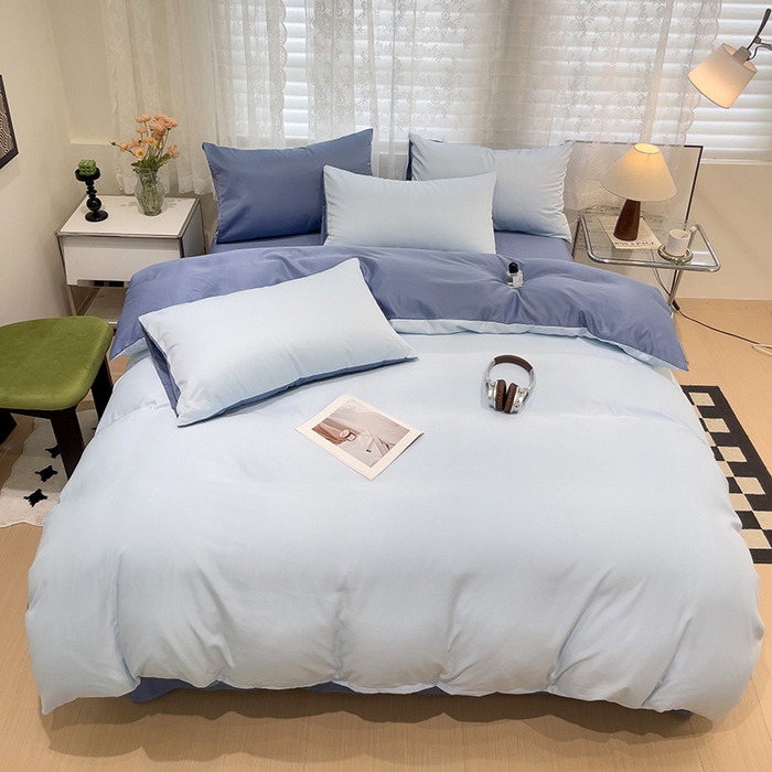 91家纺网 家纺一手货源 找家纺 维娜斯家纺 2024新款水洗冰丝轻奢款纯色拼色系列四件套 海青+牛仔蓝