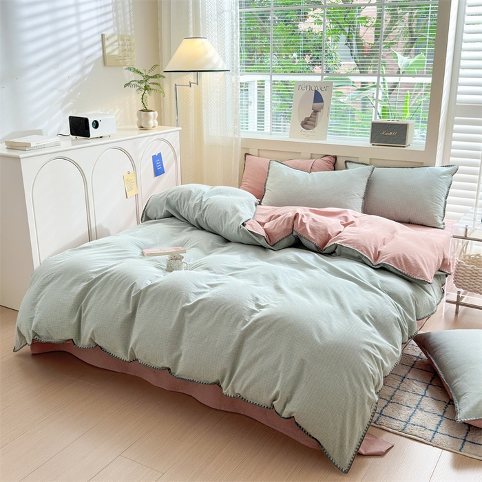 91家纺网 家纺一手货源 找家纺 宜家坊 2024新款A类全棉色织水洗棉贝壳边绣三角针工艺四件套可定制 星语-绿豆沙