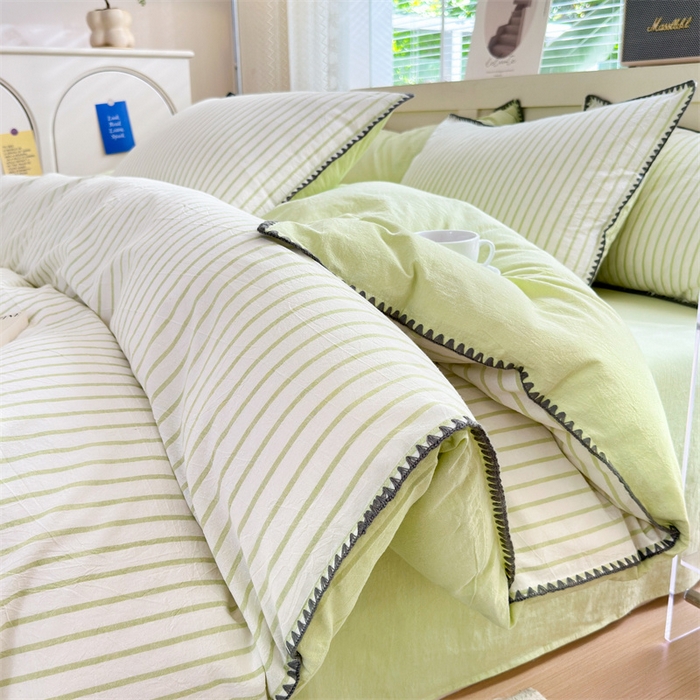 91家纺网 家纺一手货源 找家纺 宜家坊 2024新款A类全棉色织水洗棉贝壳边绣三角针工艺四件套可定制 诺言-绿