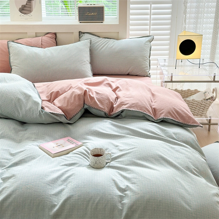 91家纺网 家纺一手货源 找家纺 宜家坊 2024新款A类全棉色织水洗棉贝壳边绣三角针工艺四件套可定制 星语-绿豆沙