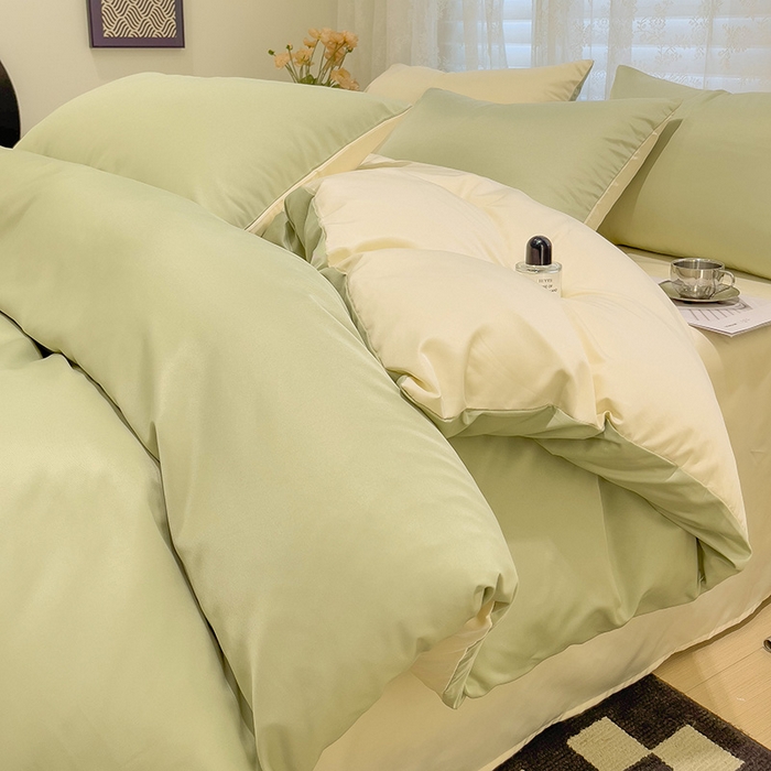 91家纺网 家纺一手货源 找家纺 维娜斯家纺 2024新款水洗冰丝轻奢款纯色拼色系列四件套 茶绿+奶昔白