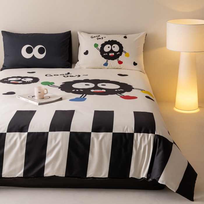 91家纺网 家纺一手货源 找家纺 雅居纺家纺 2024新款全棉印花13372大版四件套 小煤球伙伴