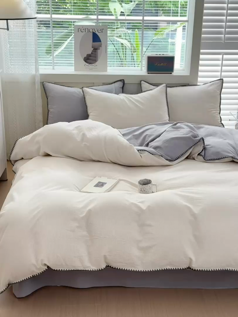 91家纺网 家纺一手货源 找家纺 宜家坊 2024新款A类全棉色织水洗棉贝壳边绣三角针工艺四件套可定制 时光-米灰