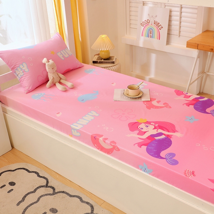 91家纺网 家纺一手货源 找家纺 金鑫汇 2024新款全棉卡通印花学生床垫套床笠系列 小美人鱼