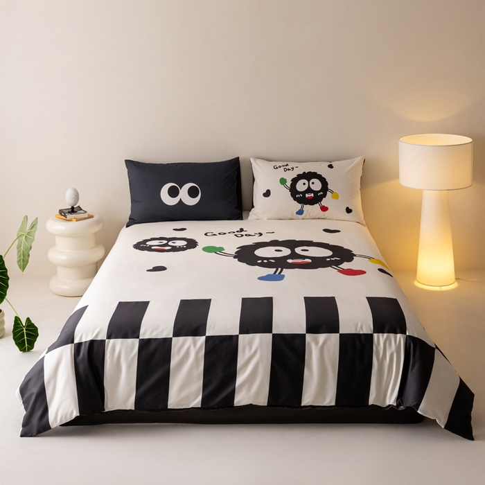 91家纺网 家纺一手货源 找家纺 雅居纺家纺 2024新款全棉印花13372大版四件套 小煤球伙伴