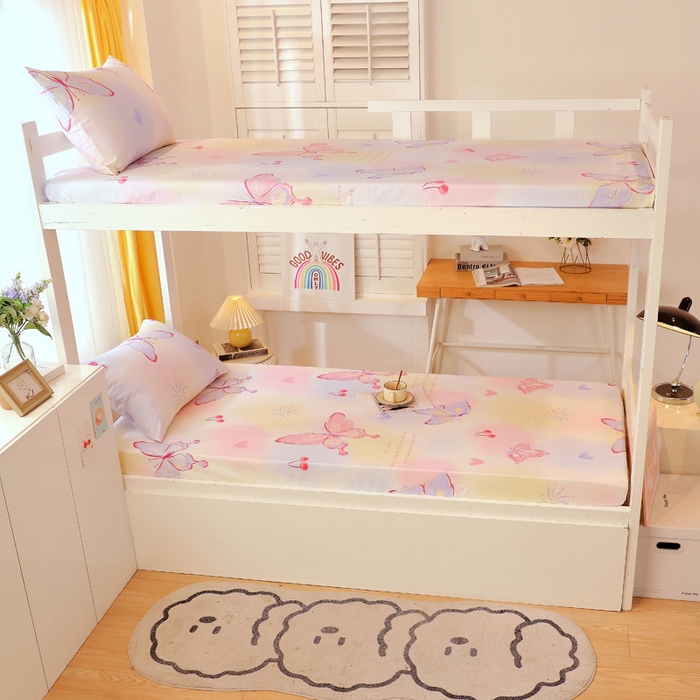 91家纺网 家纺一手货源 找家纺 金鑫汇 2024新款全棉卡通印花学生床垫套床笠系列 彩蝶飞舞