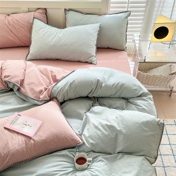 91家纺网 家纺一手货源 找家纺 宜家坊 2024新款A类全棉色织水洗棉贝壳边绣三角针工艺四件套可定制 星语-绿豆沙