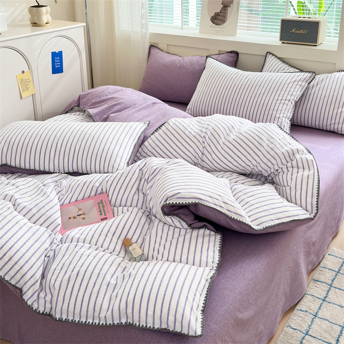 91家纺网 家纺一手货源 找家纺 宜家坊 2024新款A类全棉色织水洗棉贝壳边绣三角针工艺四件套可定制 诺言-紫