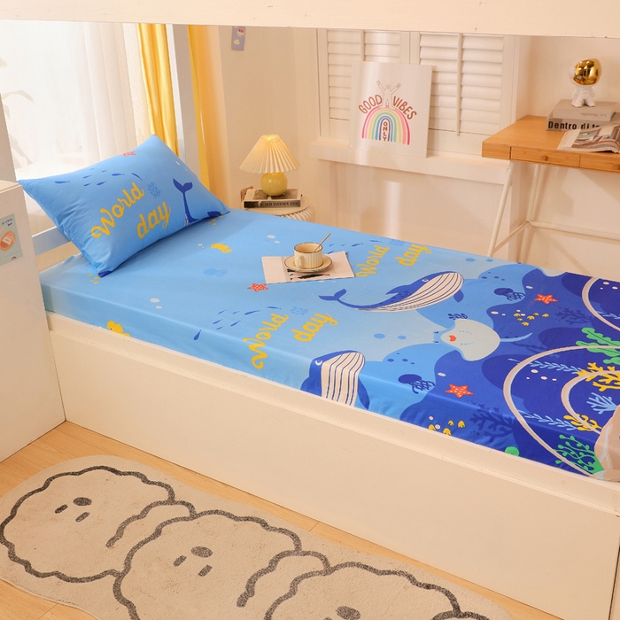 91家纺网 家纺一手货源 找家纺 金鑫汇 2024新款全棉卡通印花学生床垫套床笠系列 海族馆