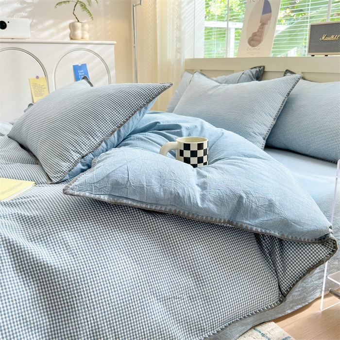 91家纺网 家纺一手货源 找家纺 宜家坊 2024新款A类全棉色织水洗棉贝壳边绣三角针工艺四件套可定制 遇见-浅蓝