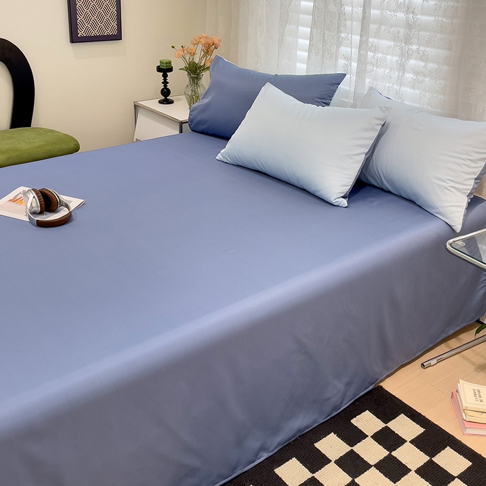 91家纺网 家纺一手货源 找家纺 维娜斯家纺 2024新款水洗冰丝轻奢款纯色拼色系列四件套 海青+牛仔蓝