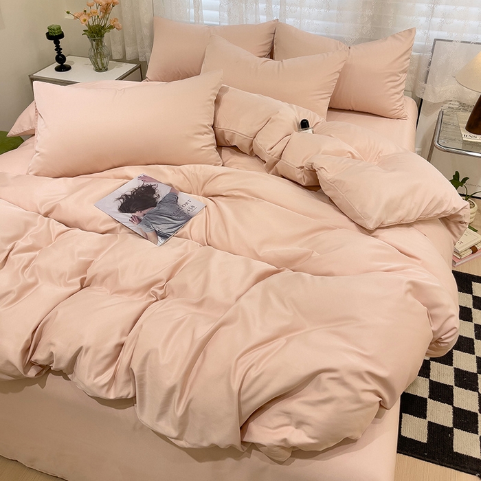 91家纺网 家纺一手货源 找家纺 维娜斯家纺 2024新款水洗冰丝轻奢款纯色拼色系列四件套 纯粉色