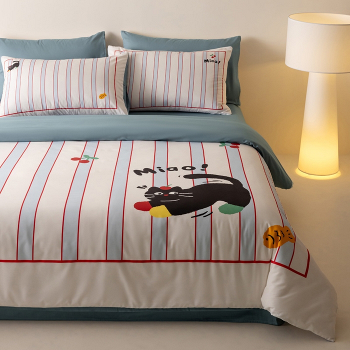 91家纺网 家纺一手货源 找家纺 雅居纺家纺 2024新款全棉印花13372大版四件套 喵星人