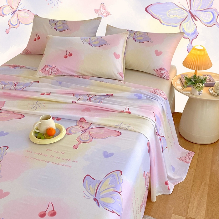 91家纺网 家纺一手货源 找家纺 金鑫汇家纺 2024新款全棉印花单床单 彩蝶飞舞