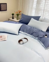 91家纺网 家纺一手货源 找家纺 维娜斯家纺 2024新款水洗冰丝轻奢款纯色拼色系列四件套 海青+牛仔蓝