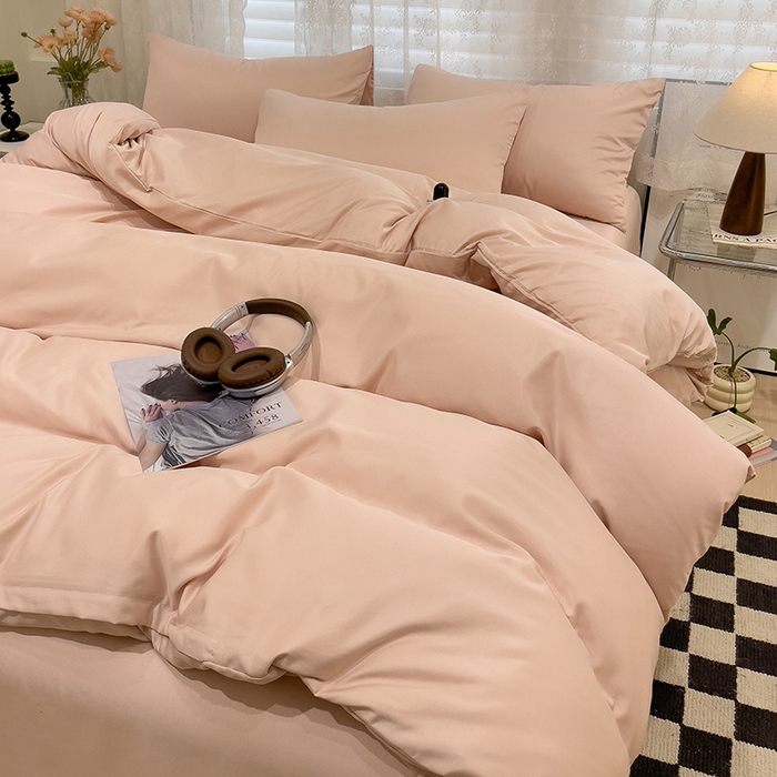 91家纺网 家纺一手货源 找家纺 维娜斯家纺 2024新款水洗冰丝轻奢款纯色拼色系列四件套 纯粉色