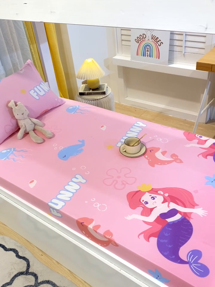 91家纺网 家纺一手货源 找家纺 金鑫汇 2024新款全棉卡通印花学生床垫套床笠系列 小美人鱼