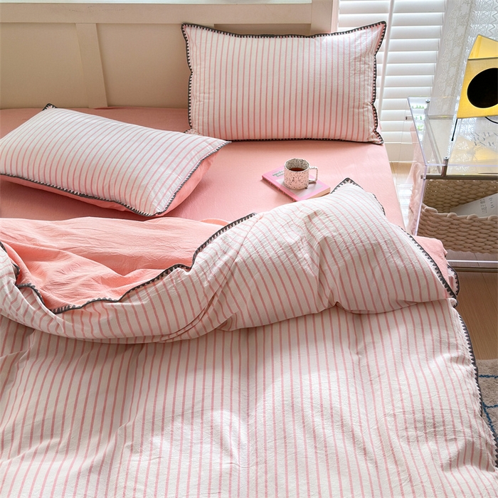 91家纺网 家纺一手货源 找家纺 宜家坊 2024新款A类全棉色织水洗棉贝壳边绣三角针工艺四件套可定制 诺言-粉