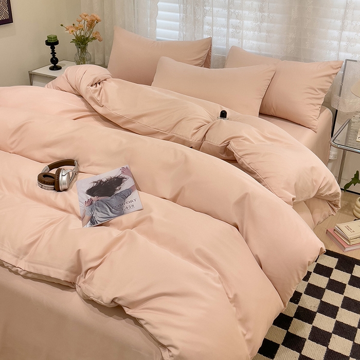 91家纺网 家纺一手货源 找家纺 维娜斯家纺 2024新款水洗冰丝轻奢款纯色拼色系列四件套 纯粉色