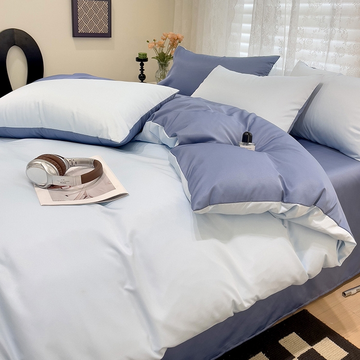 91家纺网 家纺一手货源 找家纺 维娜斯家纺 2024新款水洗冰丝轻奢款纯色拼色系列四件套 海青+牛仔蓝