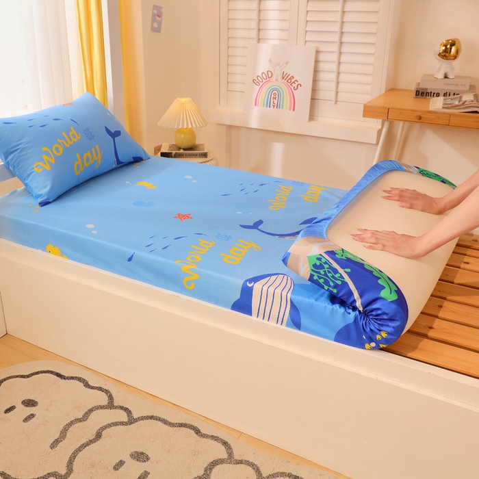 91家纺网 家纺一手货源 找家纺 金鑫汇 2024新款全棉卡通印花学生床垫套床笠系列 海族馆