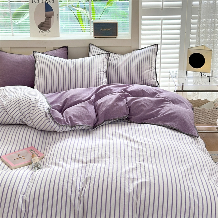 91家纺网 家纺一手货源 找家纺 宜家坊 2024新款A类全棉色织水洗棉贝壳边绣三角针工艺四件套可定制 诺言-紫