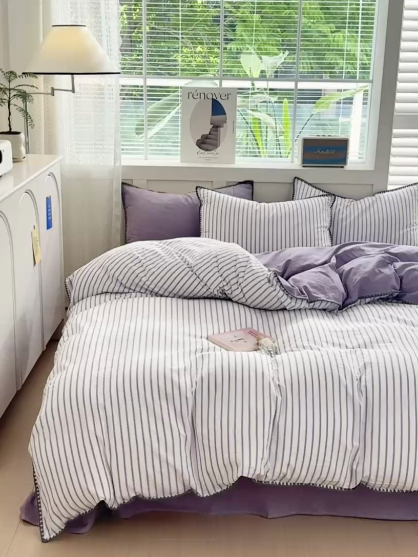 91家纺网 家纺一手货源 找家纺 宜家坊 2024新款A类全棉色织水洗棉贝壳边绣三角针工艺四件套可定制 诺言-紫