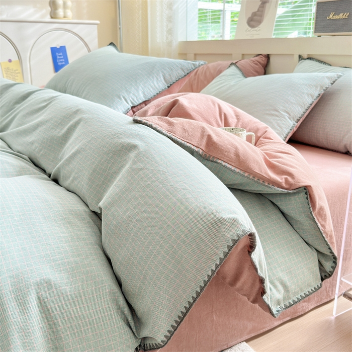 91家纺网 家纺一手货源 找家纺 宜家坊 2024新款A类全棉色织水洗棉贝壳边绣三角针工艺四件套可定制 星语-绿豆沙