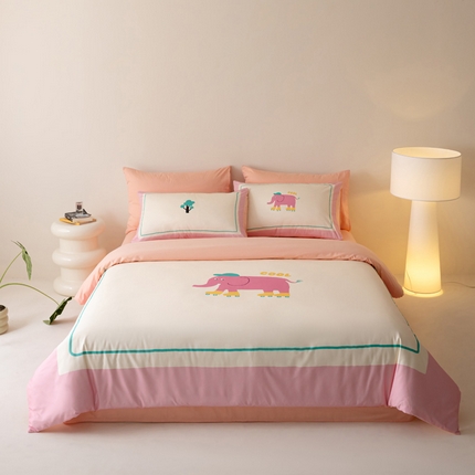 雅居纺家纺 2024新款全棉印花13372大版四件套 粉色小象