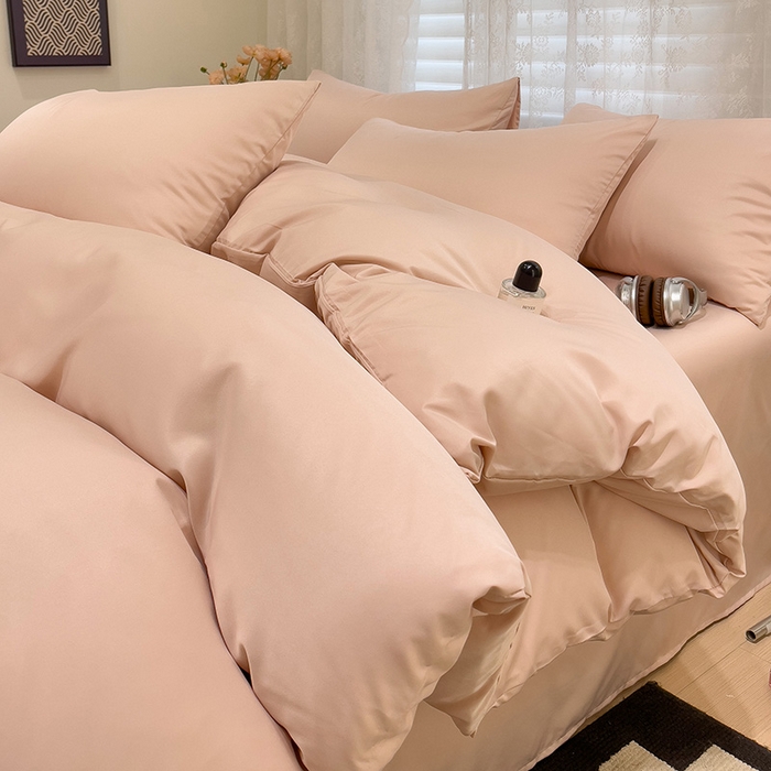 91家纺网 家纺一手货源 找家纺 维娜斯家纺 2024新款水洗冰丝轻奢款纯色拼色系列四件套 纯粉色