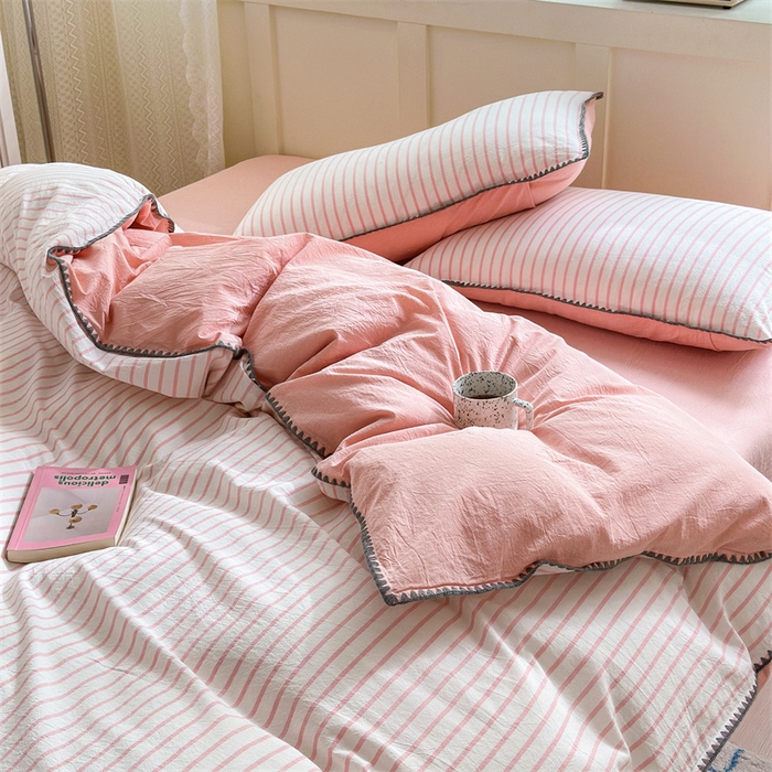 91家纺网 家纺一手货源 找家纺 宜家坊 2024新款A类全棉色织水洗棉贝壳边绣三角针工艺四件套可定制 诺言-粉