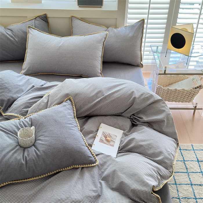 91家纺网 家纺一手货源 找家纺 宜家坊 2024新款A类全棉色织水洗棉贝壳边绣三角针工艺四件套可定制 遇见-中灰