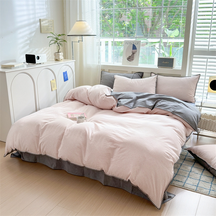 91家纺网 家纺一手货源 找家纺 宜家坊 2024新款A类全棉色织水洗棉贝壳边绣三角针工艺四件套可定制 时光-粉灰