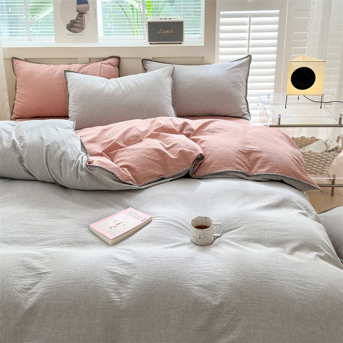 91家纺网 家纺一手货源 找家纺 宜家坊 2024新款A类全棉色织水洗棉贝壳边绣三角针工艺四件套可定制 时光-灰豆沙