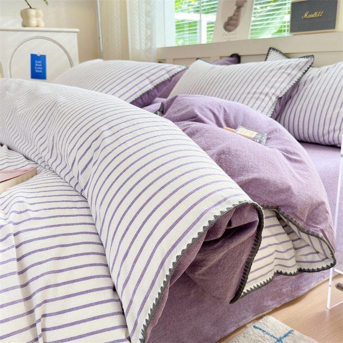 91家纺网 家纺一手货源 找家纺 宜家坊 2024新款A类全棉色织水洗棉贝壳边绣三角针工艺四件套可定制 诺言-紫