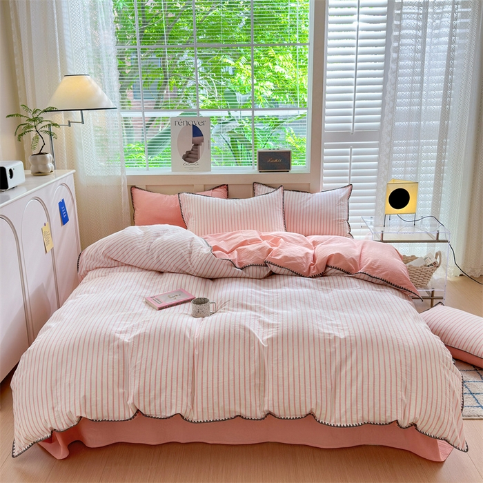 91家纺网 家纺一手货源 找家纺 宜家坊 2024新款A类全棉色织水洗棉贝壳边绣三角针工艺四件套可定制 诺言-粉