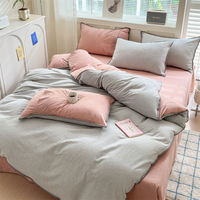 91家纺网 家纺一手货源 找家纺 宜家坊 2024新款A类全棉色织水洗棉贝壳边绣三角针工艺四件套可定制 时光-灰豆沙