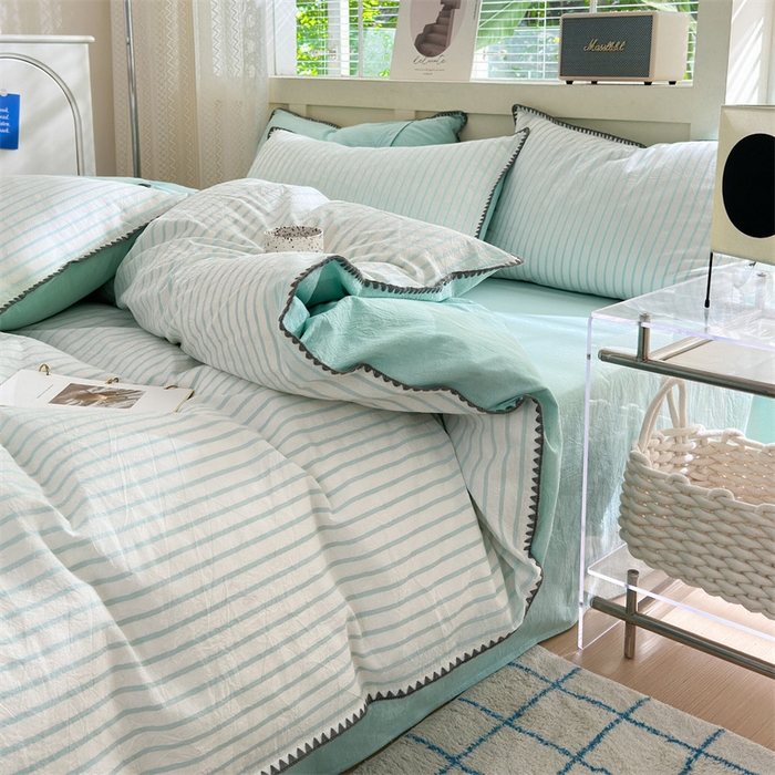 91家纺网 家纺一手货源 找家纺 宜家坊 2024新款A类全棉色织水洗棉贝壳边绣三角针工艺四件套可定制 诺言-蓝