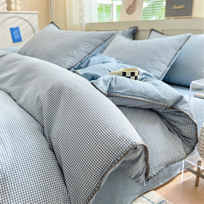 91家纺网 家纺一手货源 找家纺 宜家坊 2024新款A类全棉色织水洗棉贝壳边绣三角针工艺四件套可定制 遇见-浅蓝