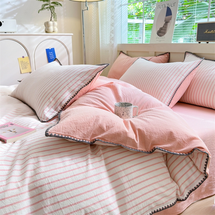 91家纺网 家纺一手货源 找家纺 宜家坊 2024新款A类全棉色织水洗棉贝壳边绣三角针工艺四件套可定制 诺言-粉