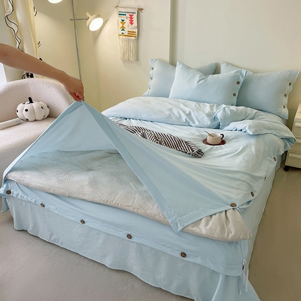 91家纺网 家纺一手货源 找家纺 （总）库里梦家纺 2024新款水洗棉双排纽扣四件套学生季A类简约纯色无印风四件套