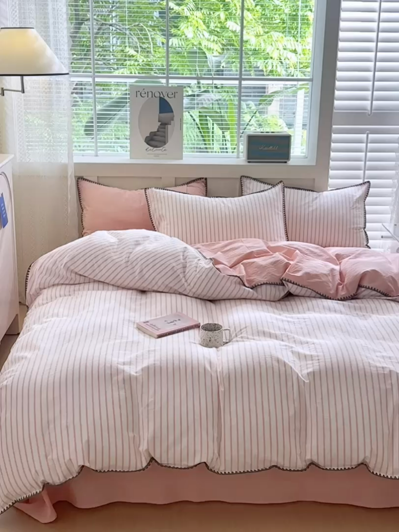 91家纺网 家纺一手货源 找家纺 宜家坊 2024新款A类全棉色织水洗棉贝壳边绣三角针工艺四件套可定制 诺言-粉