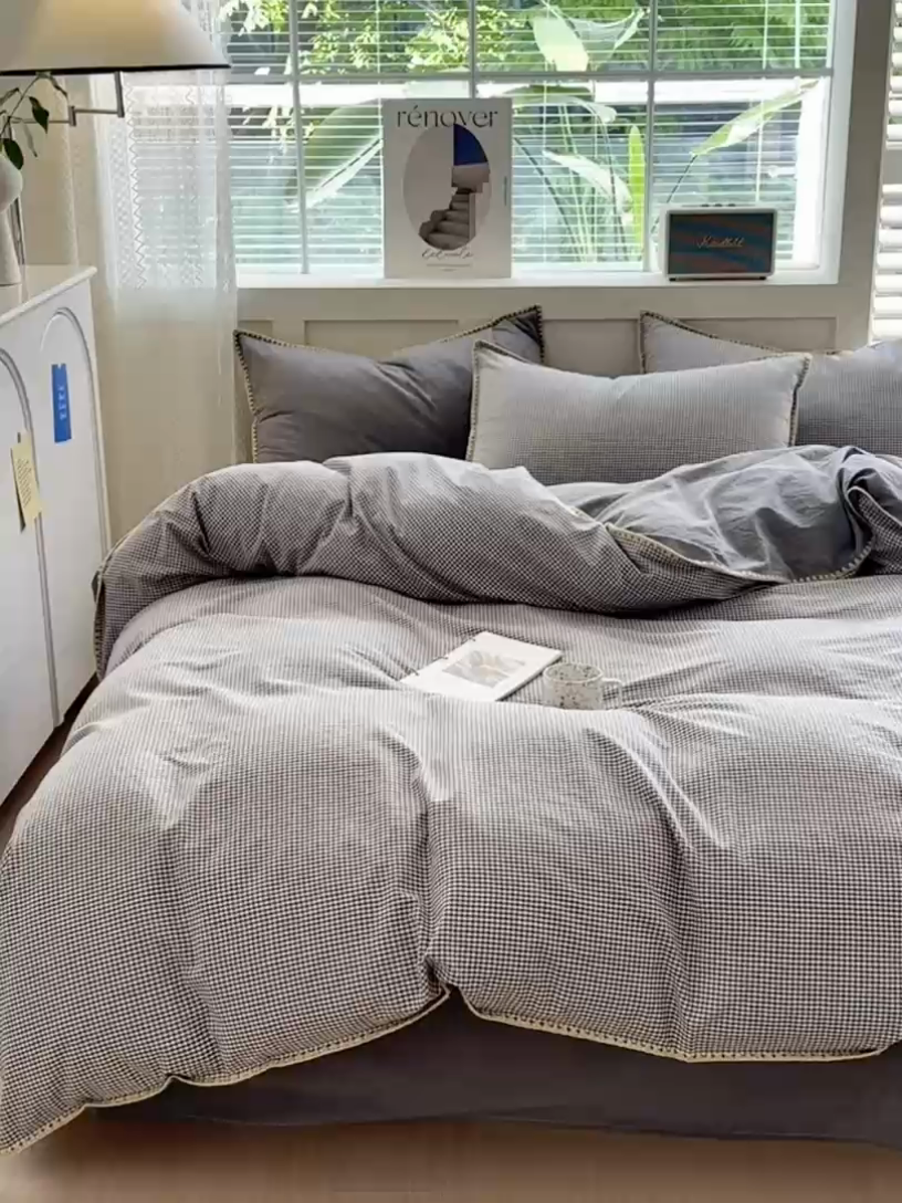 91家纺网 家纺一手货源 找家纺 宜家坊 2024新款A类全棉色织水洗棉贝壳边绣三角针工艺四件套可定制 遇见-中灰