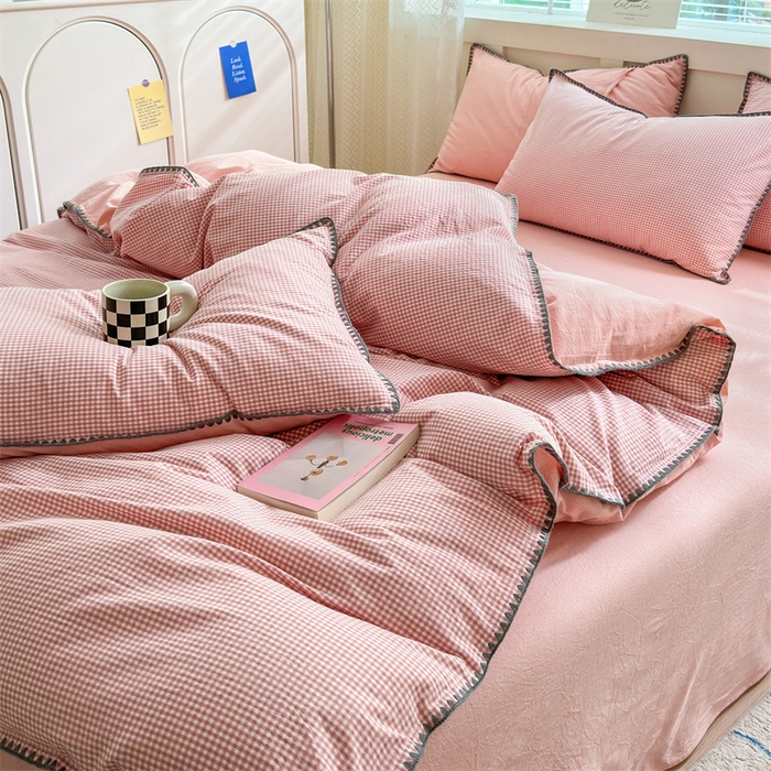 91家纺网 家纺一手货源 找家纺 宜家坊 2024新款A类全棉色织水洗棉贝壳边绣三角针工艺四件套可定制 遇见-蜜粉