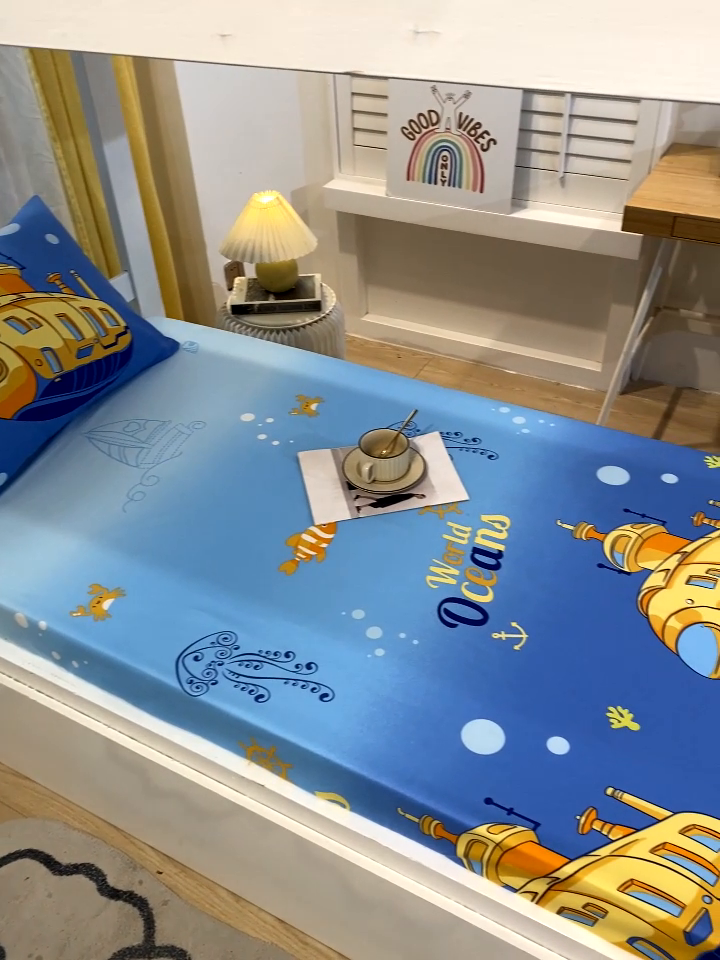 91家纺网 家纺一手货源 找家纺 金鑫汇 2024新款全棉卡通印花学生床垫套床笠系列 海底探秘