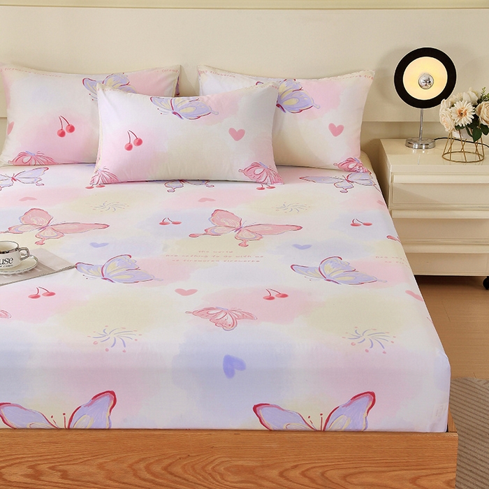 91家纺网 家纺一手货源 找家纺 金鑫汇家纺 2024新款全棉印花单床笠 彩蝶飞舞