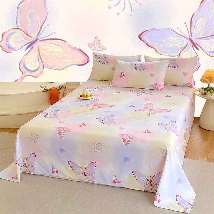 91家纺网 家纺一手货源 找家纺 金鑫汇家纺 2024新款全棉印花单床单 彩蝶飞舞