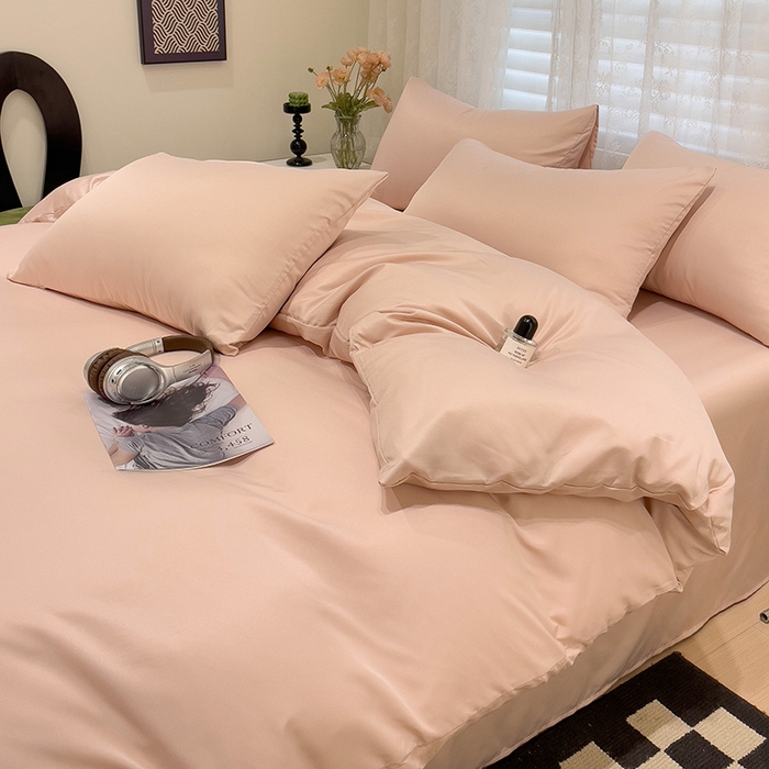 91家纺网 家纺一手货源 找家纺 维娜斯家纺 2024新款水洗冰丝轻奢款纯色拼色系列四件套 纯粉色