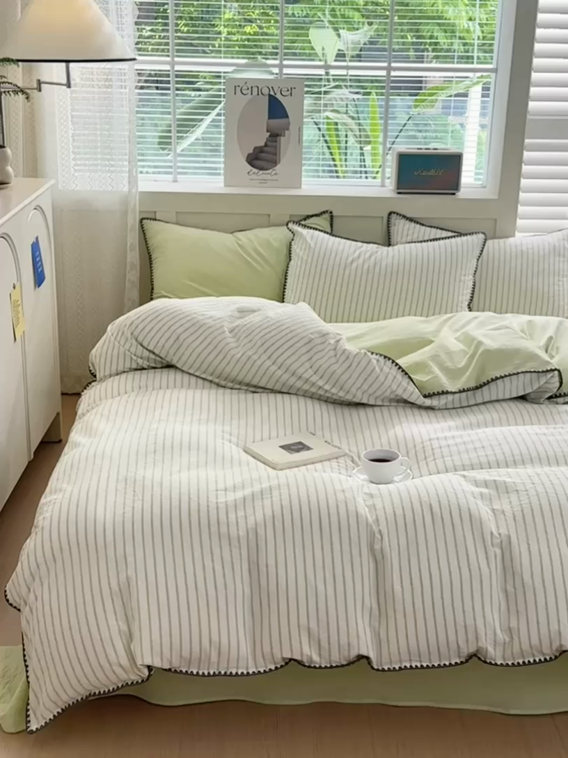 91家纺网 家纺一手货源 找家纺 宜家坊 2024新款A类全棉色织水洗棉贝壳边绣三角针工艺四件套可定制 诺言-绿